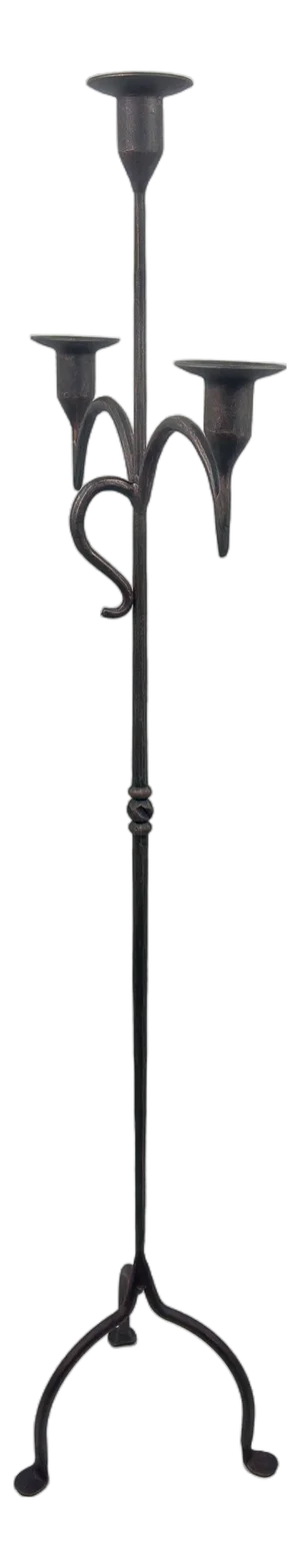 Hand Forged Iron Floor Candelabra 49″ (125cm) Antique Copper Patina 3-Arm Slim Base Candle Holder Rustic Decor