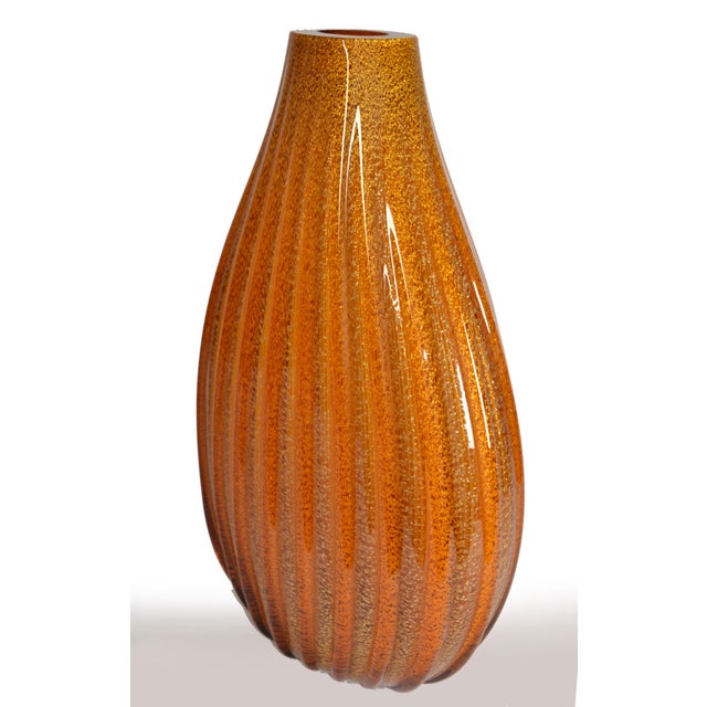 Large Seguso Murano Mid-Century Modern Blown Art Glass Fluted large Vase, encased with Honey Gold Amber Color. Heavy...