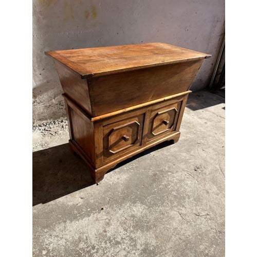 Introduction Authentic antique solid wood storage chest, likely originating from a traditional baker’s or rural household...