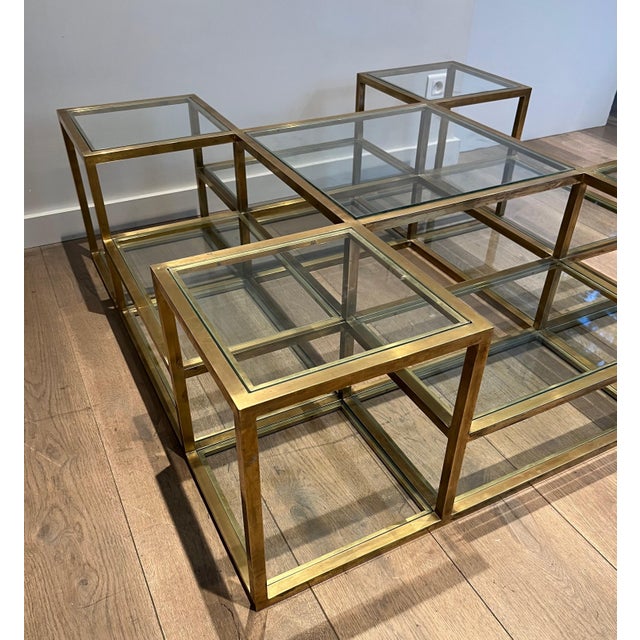 Metal Large, multi-tiered brass coffee table. French work. Circa 1970 For Sale - Image 7 of 12