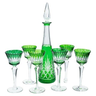 Green Overlay Crystal Glasses from Baccarat, 1940, Set of 7 For Sale