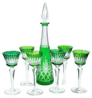 Green Overlay Crystal Glasses from Baccarat, 1940, Set of 7