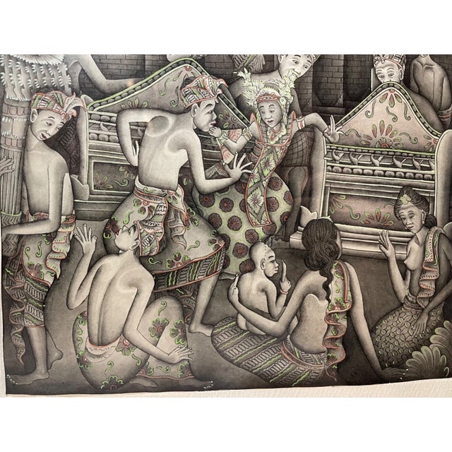 1970s Vintage Original Balinese Ubud Indonesian Figural Landscape Watercolor Painting For Sale - Image 5 of 8