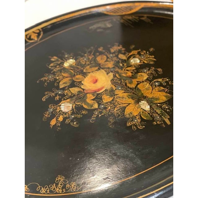 Antique 1870s Very Rare Oversized Victorian Napoleon 111 Second Empire Design Ebonized Lacquer Wood Parlor Tray For Sale - Image 4 of 11