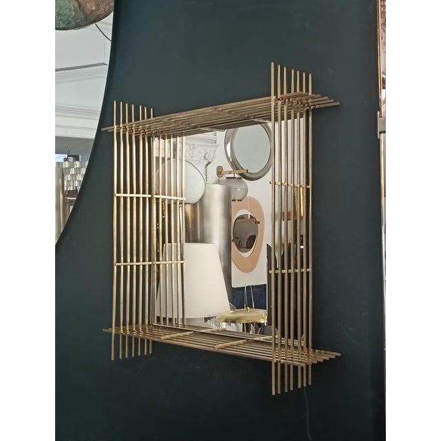 1970s Square Wall Mirror with Brass Wire Mesh Frame by Ettore Sottsass, Italy, 1970s For Sale - Image 5 of 8