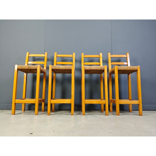 Wood Vintage Oak and Papercord Bar Stools, 1960s, Set of 4 For Sale - Image 7 of 8