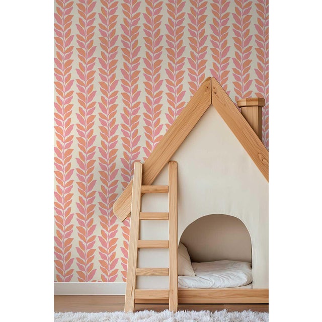 Traditional Garden Leaf Stripe Grasscloth Wallpaper by House Party | Blush Pink & Coral | 6 Yards For Sale - Image 3 of 6