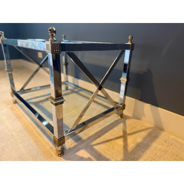 Neoclassical Chrome, Brass & Glass Low Table For Sale - Image 4 of 7