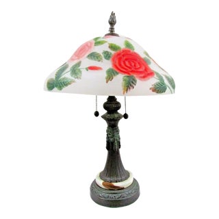 Vintage Hand Blown Reverse Painted Glass Table Lamp Bronzed Metal With Onyx Base For Sale