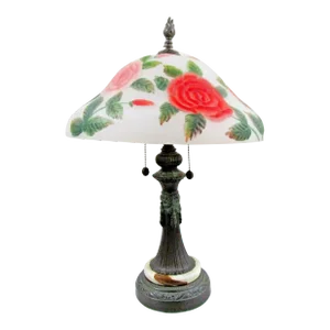 Vintage Hand Blown Reverse Painted Glass Table Lamp Bronzed Metal With Onyx Base