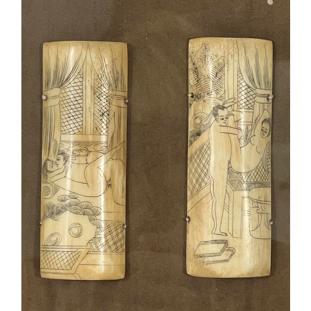 Old Japanese Hand Etched Ukiyo-E Bone Shunga Panels With Beautiful Birds Eye Maple Frames, Set of 6 For Sale In Tampa - Image 6 of 10