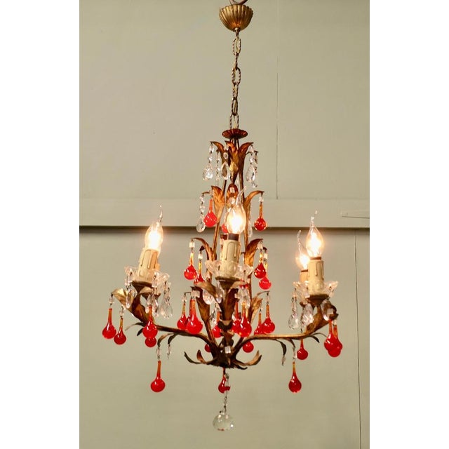 1950s Large French Chandelier with Lipstick Red Teardrops, 1950 For Sale - Image 5 of 9
