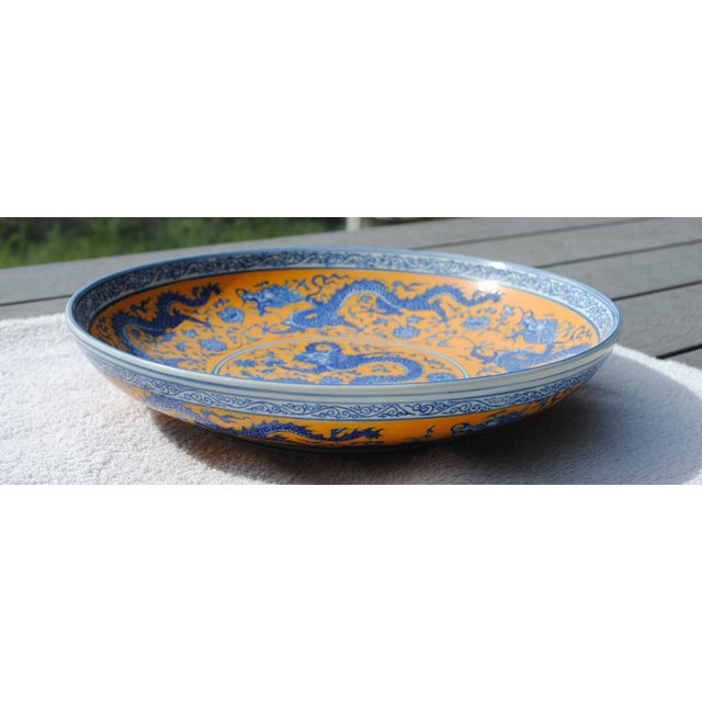Asian Republic Period Qing Qianlong Apocryphal Mark Grand Dragon Charger Bowl For Sale - Image 3 of 8