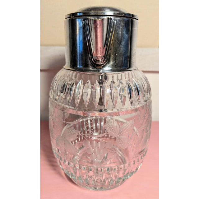 Early 20th Century Vintage German Cut Crystal Water Pitcher Silverplate Handle d.r.g.m. For Sale - Image 5 of 12