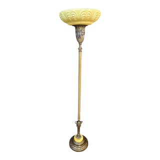 1940s Art Deco Ornate Torchiere Floor Lamp With Yellow Shade and Yellow Marble For Sale