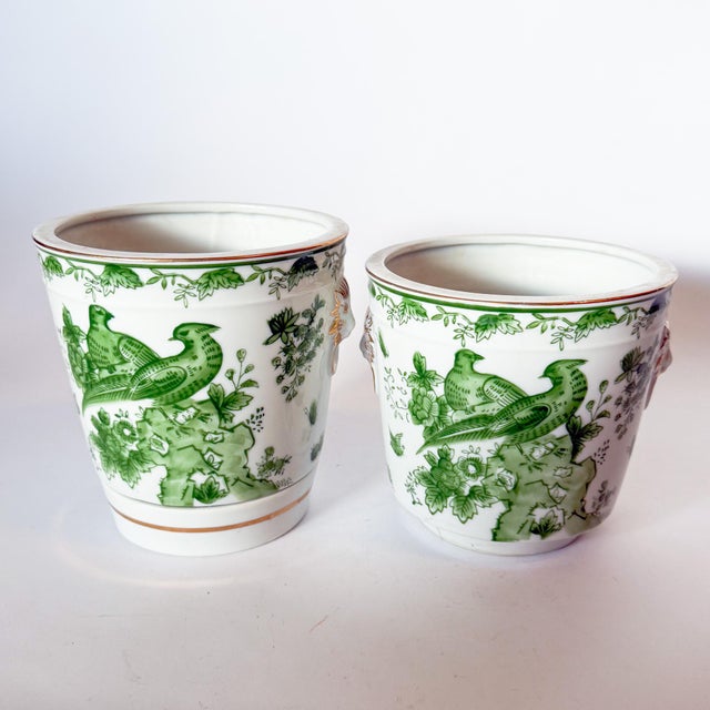 Mid 20th Century Mid Century Pair of Porcelain Green Bird Cache Pot Planters With Lions Heads For Sale - Image 5 of 9