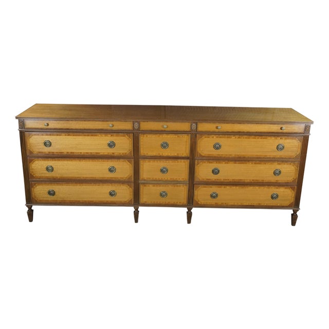 Vintage Kittinger American Federal Style Mahogany & Satinwood Triple Dresser 87" For Sale