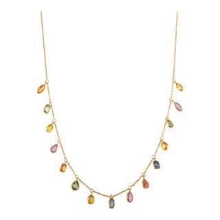 4.45 Ct Natural Multi Color Sapphire Fringe Necklace 18k Yellow Gold by VRJewels For Sale