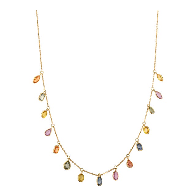 4.45 Ct Natural Multi Color Sapphire Fringe Necklace 18k Yellow Gold by VRJewels For Sale