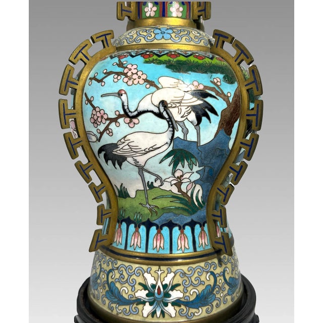 Chinese Jingfa Blue & Gold 'Dragon Back' Cloisonne Beaker Form Vases With Auspicious Cranes & Lotus - A Pair on Wood Stands For Sale In Tampa - Image 6 of 12