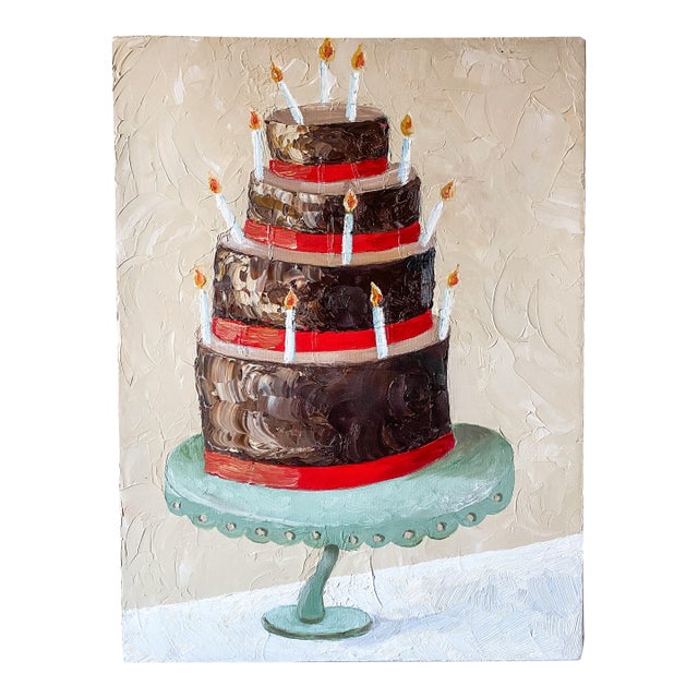 2008 Gallery Wrapped Painting of Birthday Cake With Candles on Green Stand For Sale