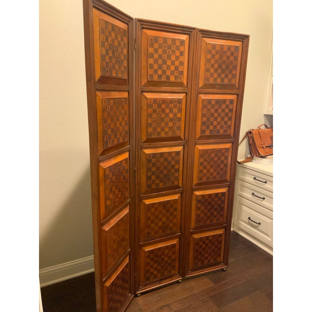 Brown 1980s Dark Wood Chessboard 3 Panel Room Divider For Sale - Image 8 of 12