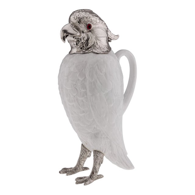 Antique Cockatoo Silver and Porcelain Claret Jug from Asprey & Co, 1912 For Sale