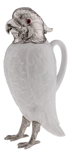 Antique Cockatoo Silver and Porcelain Claret Jug from Asprey & Co, 1912
