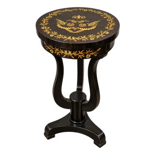 Black French Louis XVI-Style Pedestal Table – Floral Inlay With Gilded Gold Leaf Accents For Sale