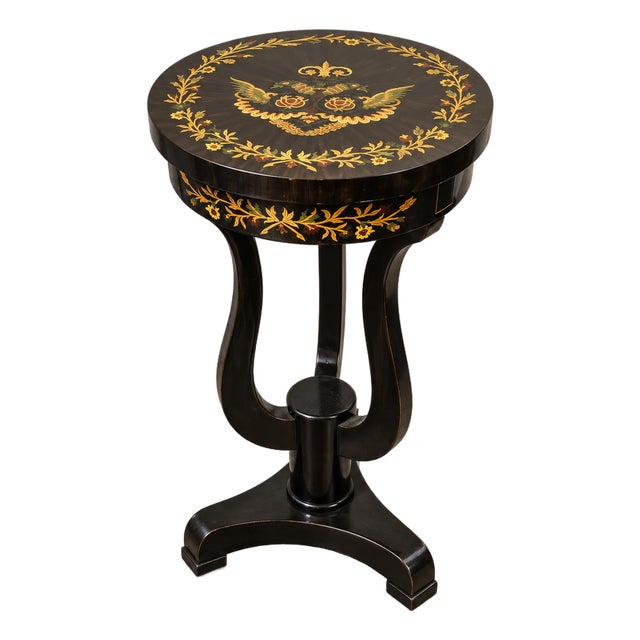 Black French Louis XVI-Style Pedestal Table – Floral Inlay With Gilded Gold Leaf Accents For Sale