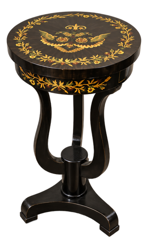 Black French Louis XVI-Style Pedestal Table – Floral Inlay With Gilded Gold Leaf Accents