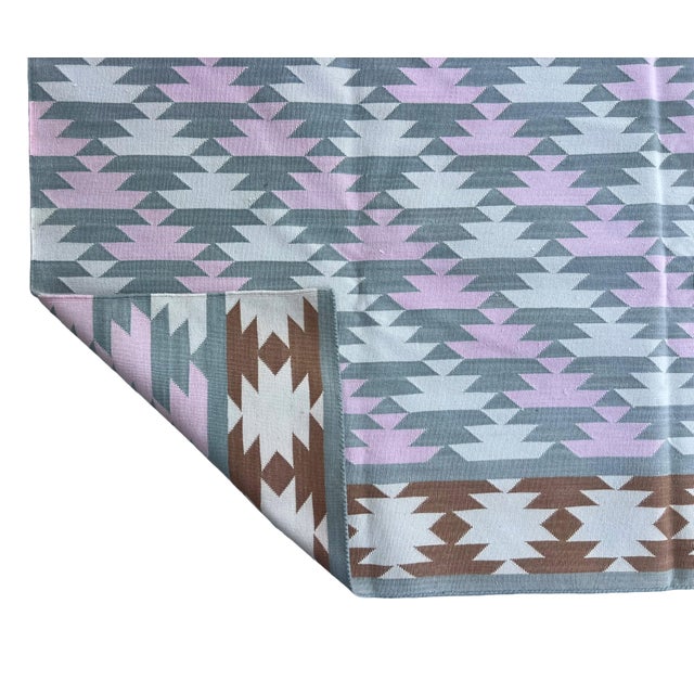 Handmade Cotton Area Rug, Vegetable Dyed, Gray, Pink, Cream and Tan Geometric Dhurrie -6'x12' For Sale - Image 13 of 13