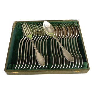 Silver-Plated Alfénide Dessert Flatware Set with Perles Decor from Christofle, France, 1900s, Set of 24 For Sale