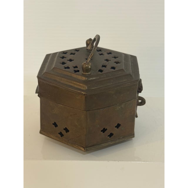 Brass Vintage Hand-Hammered Brass Hexagonal Incense Censer Box For Sale - Image 8 of 12