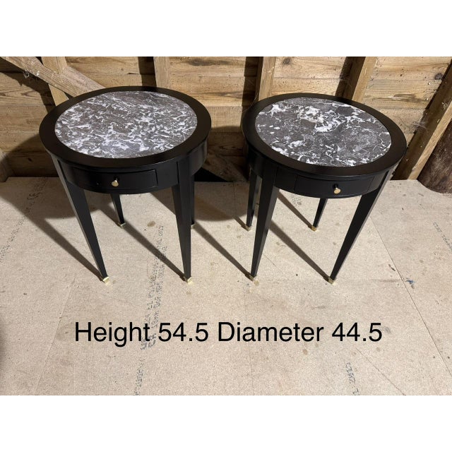 A delightful pair of French Louis XVI lamp, coffee, wine, bedside tables. Great quality and in excellent condition having...