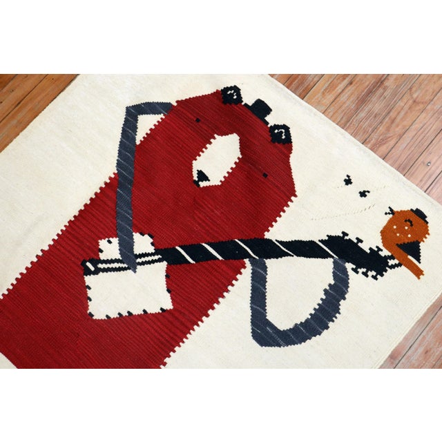 Late 20th Century Vintage Bear Banjo Bird Tweeting Pictorial Persian Flat-Weave Textile Art For Sale - Image 5 of 8