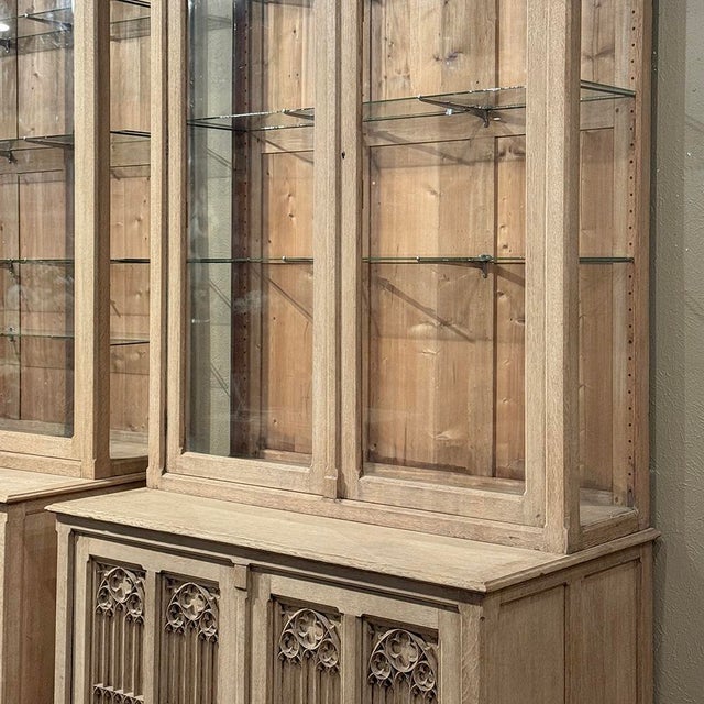 Pair of Monumental Stripped Gothic Revival Solid Oak Display Bookcases For Sale - Image 9 of 18