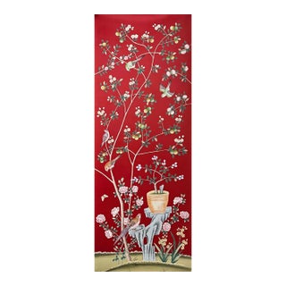 Hand-Painted Red Chinoiserie Floral & Bird Mural Panel | Luxury Botanical Wall Art For Sale