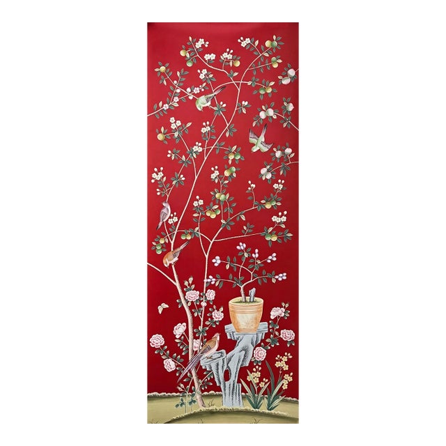 Red Chinoiserie Fruit Tree & Pheasant Mural | Hand-Painted Wall Decor For Sale