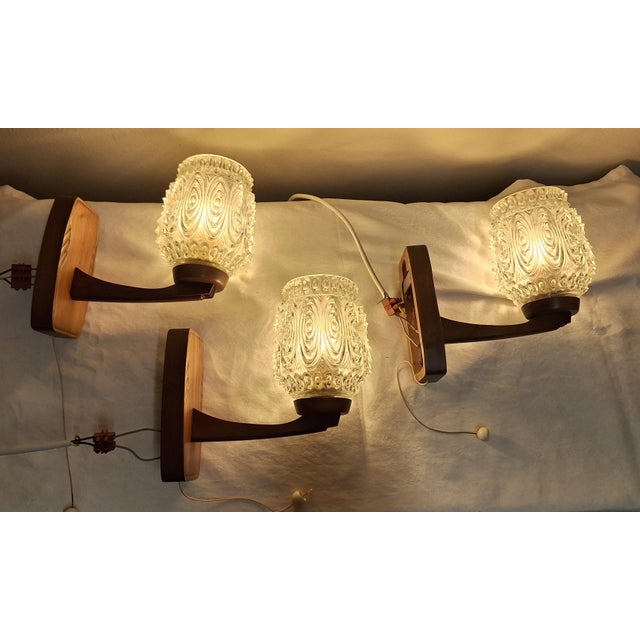Wall Lamps with Brown Beech Frames and Clear Relief Glass Shades, 1970s, Set of 3 For Sale - Image 3 of 7