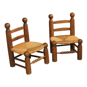 Pair of Circa 1940 French Low Fireplace Chairs in Carved Beech and Rush