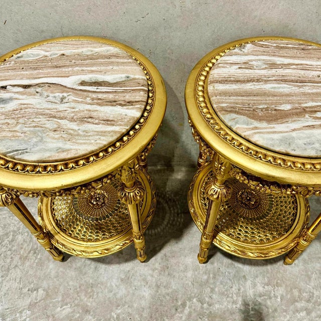 Gold Side Table Set of 2 Marble Topped Gold Italian Style For Sale - Image 8 of 9