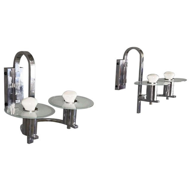 Austrian Art Deco Double Light Sconces in Metal and Glass, 1920s, Set of 2 For Sale
