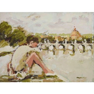 Franco Marzilli, Ballerina in Front of a Bridge in Rome, Oil Painting, 1970s For Sale