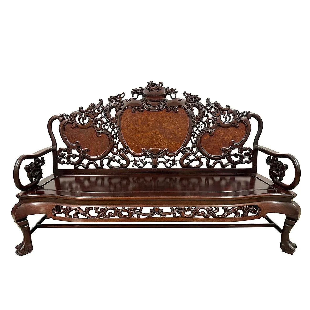Early 20th Century Chinese Carved Rosewood Long Bench, Sofa | Chairish