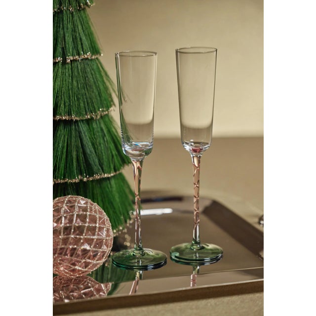 Traditional Sachi Green & Pink Champagne Flutes, Set of 6 For Sale - Image 3 of 4