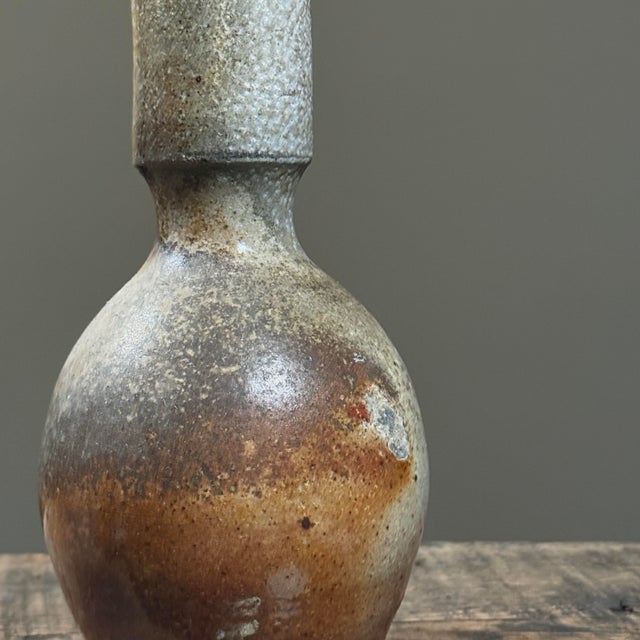 Brown Vintage Modernist Wood Fired Stoneware Vase With Cylindrical Neck For Sale - Image 8 of 9