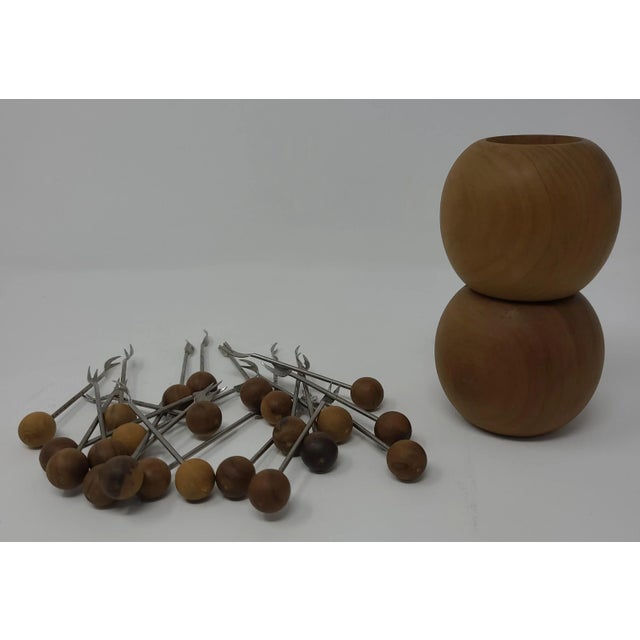 Brown Vintage Olive Wood Appetizer/Cocktail Forks and Round Holders - Made in Spain - a Pair For Sale - Image 8 of 13