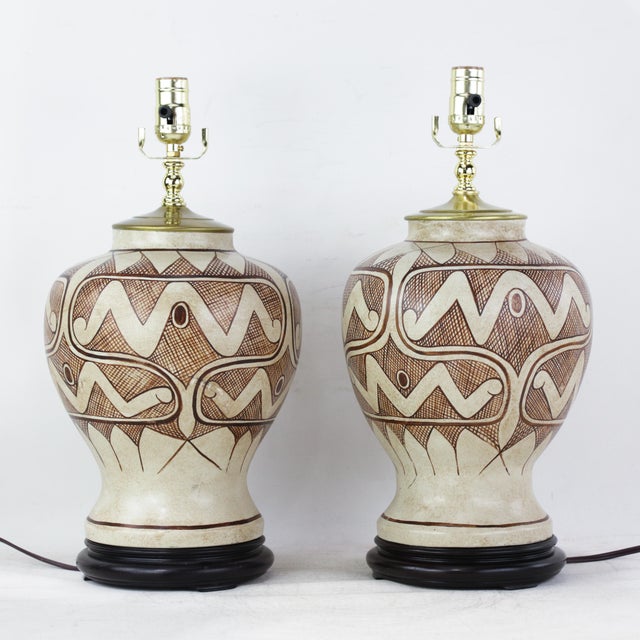 Vintage Tribal Pattern Ceramic Ginger Jar Table Lamps - a Pair For Sale - Image 13 of 13