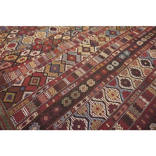 Textile Fantastic Claret Ground Color Distinctive Figures Geometric Design Caucasian Silk & Wool Verneh Flat-Weave Rug For Sale - Image 7 of 14